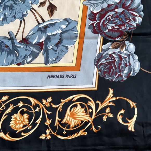 Large square dark floral scarf hand rolled edges NEW - Picture 3 of 8